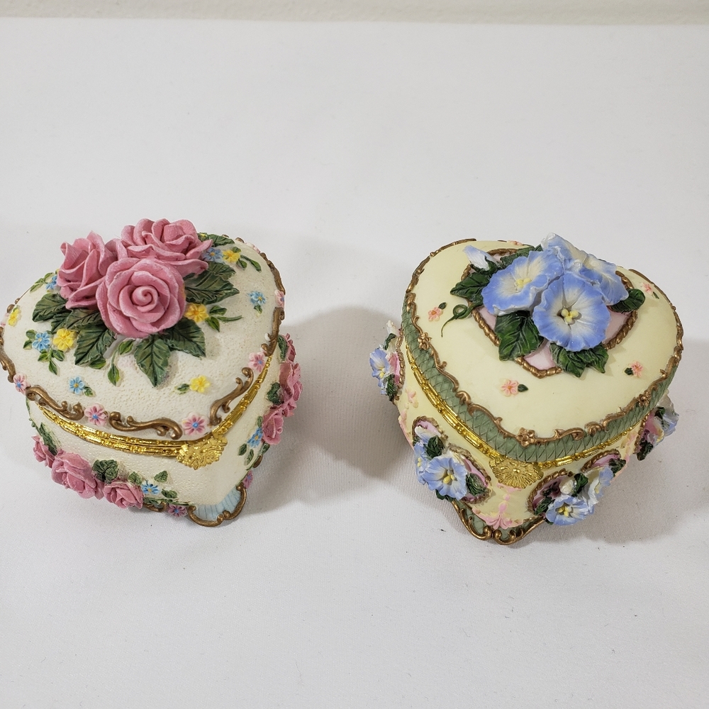 TWO SMALL HEART SHAPE TRINKET BOXES RESIN FLORAL